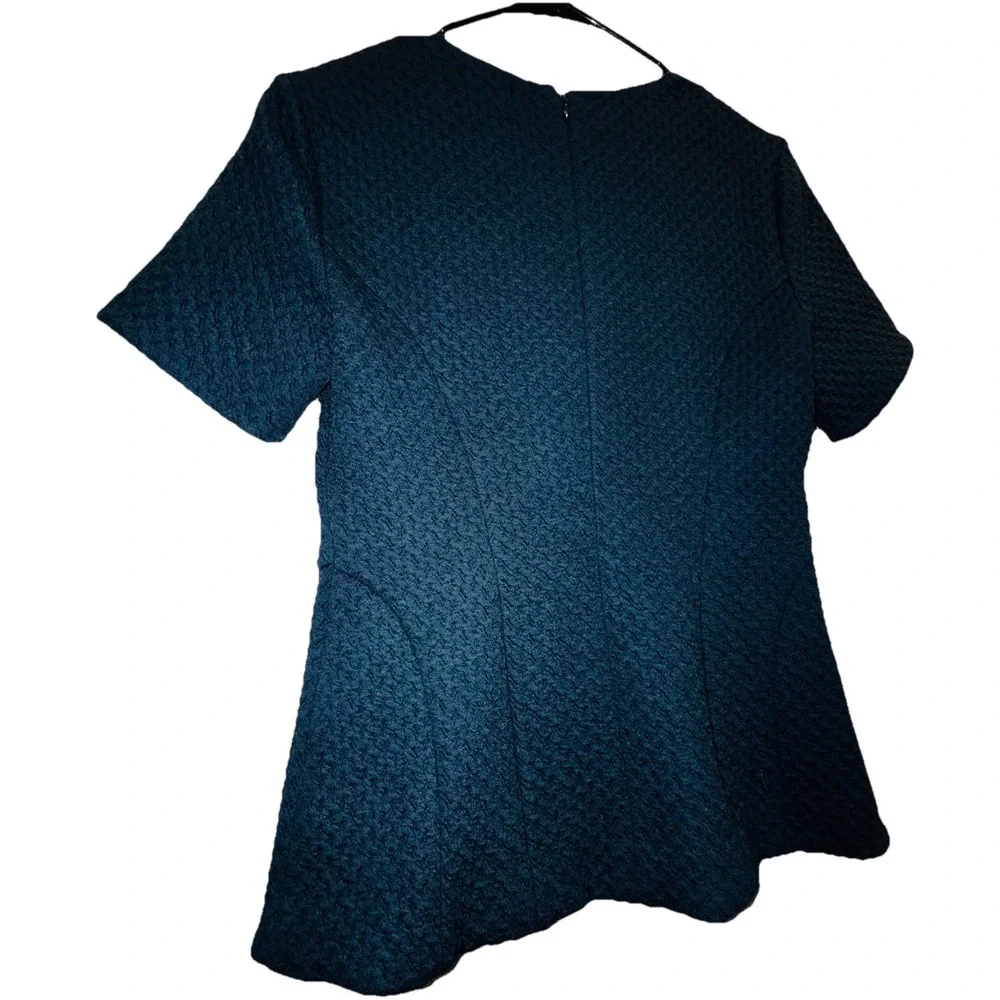 Ann Taylor Geo Jacquard Peplum Top Blue/Teal Textured Knit XS V neck zipper chic